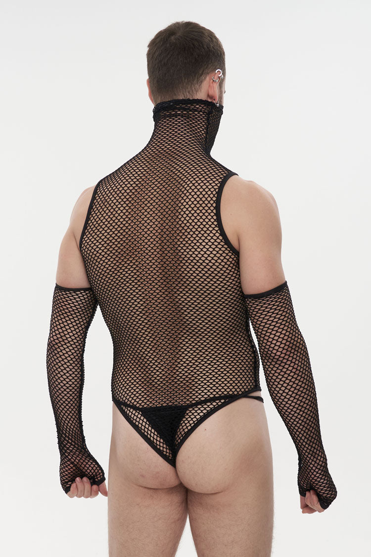Black Transparent Mesh Sexy Super High Collar Masked Glove Thong Men's Punk Onesie