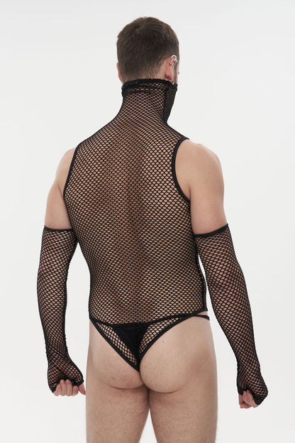 Black Transparent Mesh Sexy Super High Collar Masked Glove Thong Men's Punk Onesie