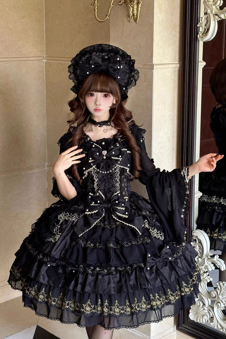 Black [Dream-Sinking Pearl Veil] Doll-Style Sleeveless Multi-Layered Ruffled Bow Lace Daily Gothic Lolita Dress