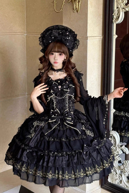Black [Dream-Sinking Pearl Veil] Doll-Style Sleeveless Multi-Layered Ruffled Bow Lace Daily Gothic Lolita Dress