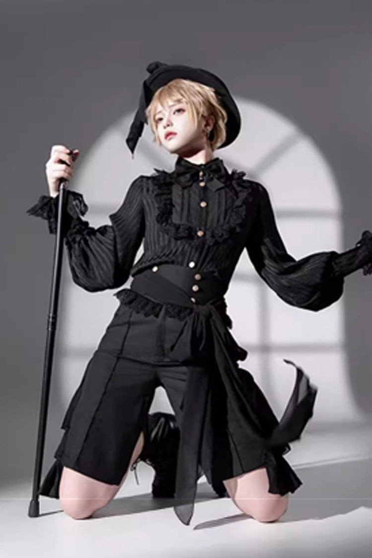 Black [Eternal City] Long Sleeves Lace Gothic Prince Medieval Ouji Lolita Blouse Knee-Length Shorts Set