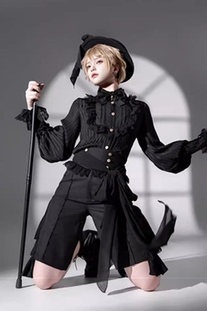 Black [Eternal City] Long Sleeves Lace Gothic Prince Medieval Ouji Lolita Blouse Knee-Length Shorts Set