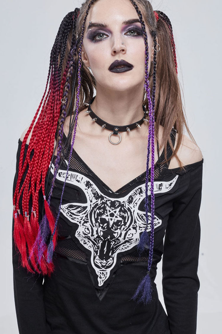 Black Punk Devil Sheep Head Printed Long Sleeves Off The Shoulder Women's Shirt