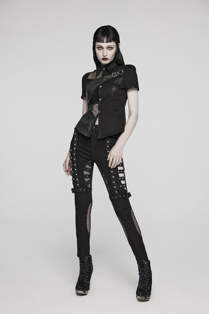 Black Twill Woven Short Sleeves Hollow Leather Stitching Womens Steampunk Blouse
