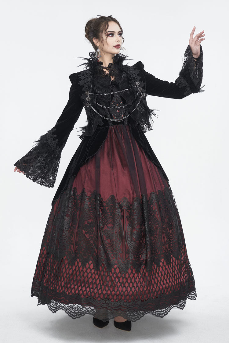 Black Stand Collar Trumpet Sleeves Embroidery Stitching Lace Women's Gothic Jacket