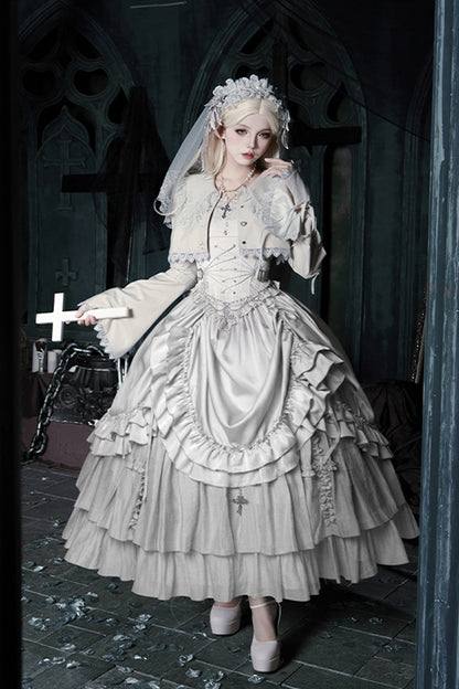 Solid Color [Bionic Doll] Square Collar Multi-Layered Ruffle Bowknot Lace-Up Gothic Lolita Long Skirt Corset Set