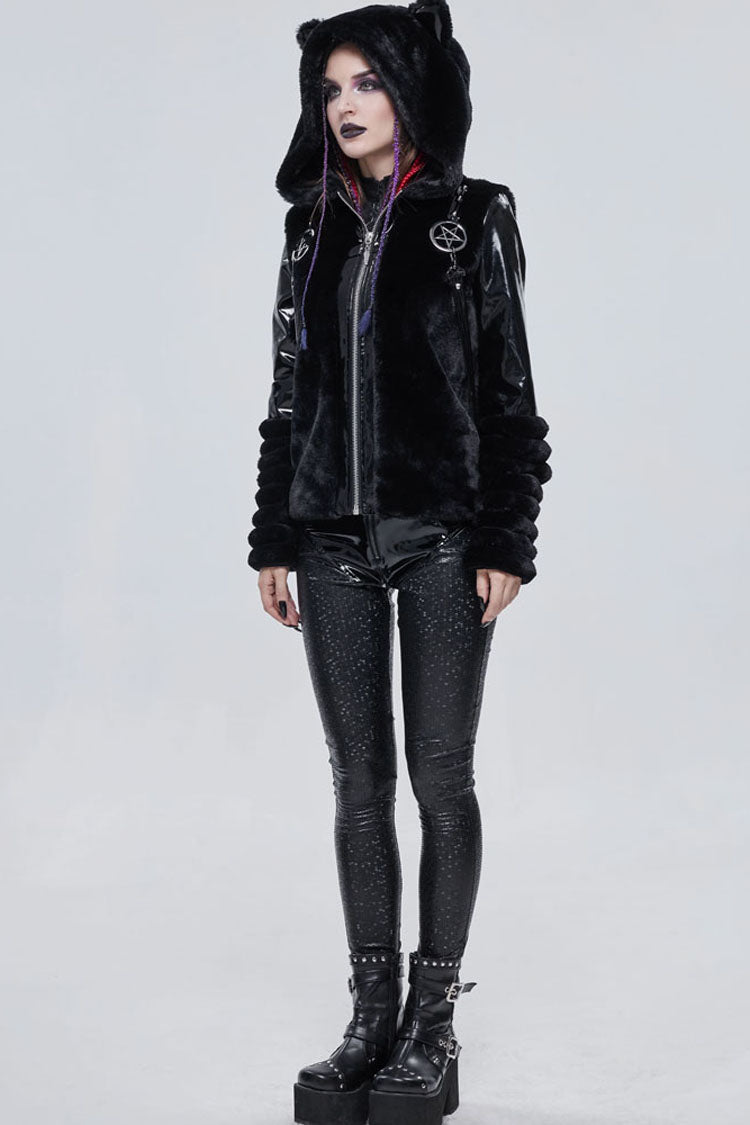 Black Punk Cuff Pleated Design Metal Five-Pointed Star Shape Belt Decoration Cat Ear Women's Coat