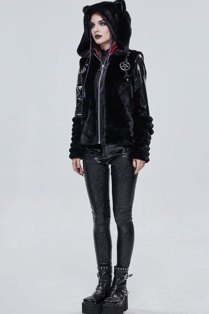Black Punk Cuff Pleated Design Metal Five-Pointed Star Shape Belt Decoration Cat Ear Women's Coat