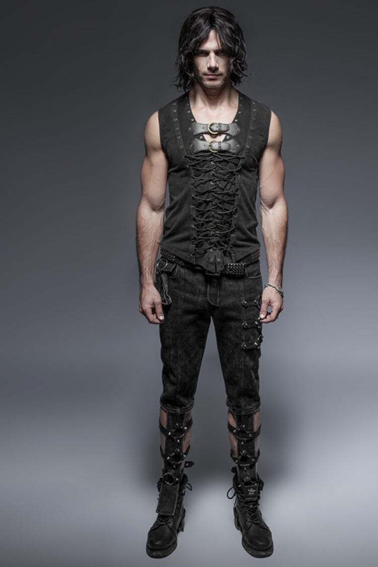 Black V Collar Sleeveless Metal Rings Cross Lace-Up Men's Steampunk Vest