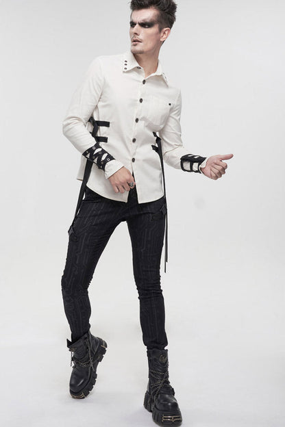 White Punk Nylon Strap Metal Buckle Decoration Long Sleeve Elasticity Thick Men's Shirt