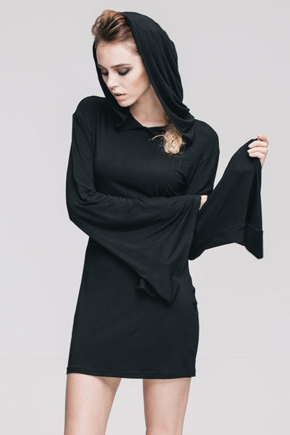 Black Punk Flared Sleeve Hooded Knit Womens Dress