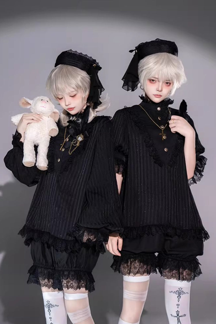Black Stand Collar Long Short Sleeves Printed Ruffled Lace Gothic Ouji Lolita Set 2 Versions