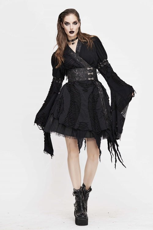 Black Punk Asymmetric Mesh Unedged Womens Dress With Belt
