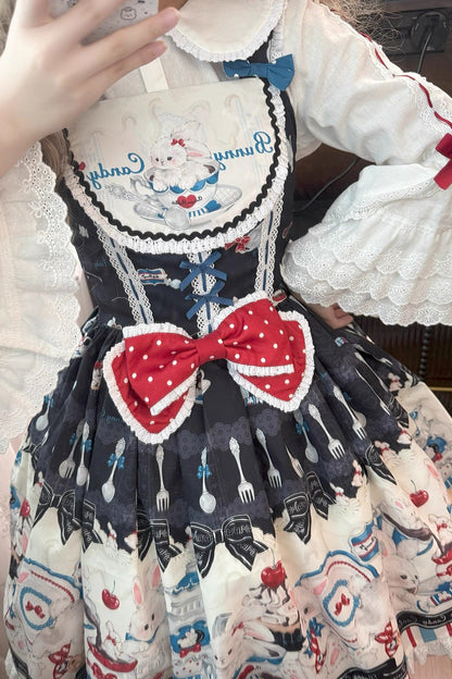 Black [Mystery Rabbit Tea Party] Sleeveless Print Ruffle Bowknot Lace Sweet Lolita Jsk Dress