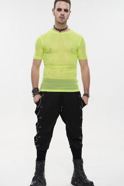 Yellow Gothic Crew Neck Diamond-Shaped Net Hyperelastic Short Sleeve Men's T-Shirt