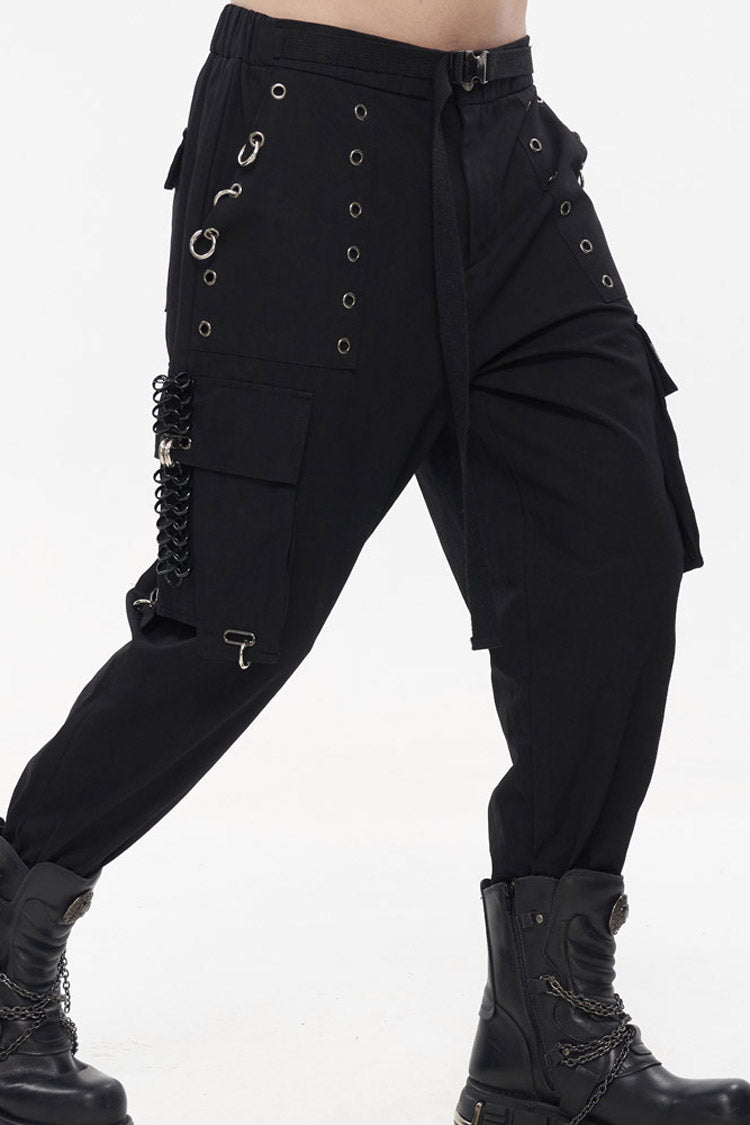 Black Punk Tatting Multi-Pocket Metal Chain Cargo Men's Pants