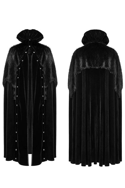 Black Stand Collar Ruffle Irregular Plush Stitching Mens Gothic Gorgeous Cloak
