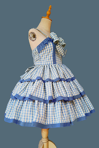 Blue [Cloth Cat] Triple-Layered Plaid Print Ruffle Bowknot Sweet Lolita Dress 2 Colors