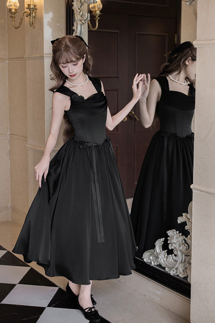 Black [With Love] Square Collar Sleeveless Fishbone Gothic Elegant Lolita Jsk Dress Set