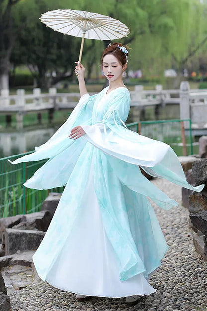 Blue V Collar High Waisted Lace-Up Women's Classic Hanfu Dress