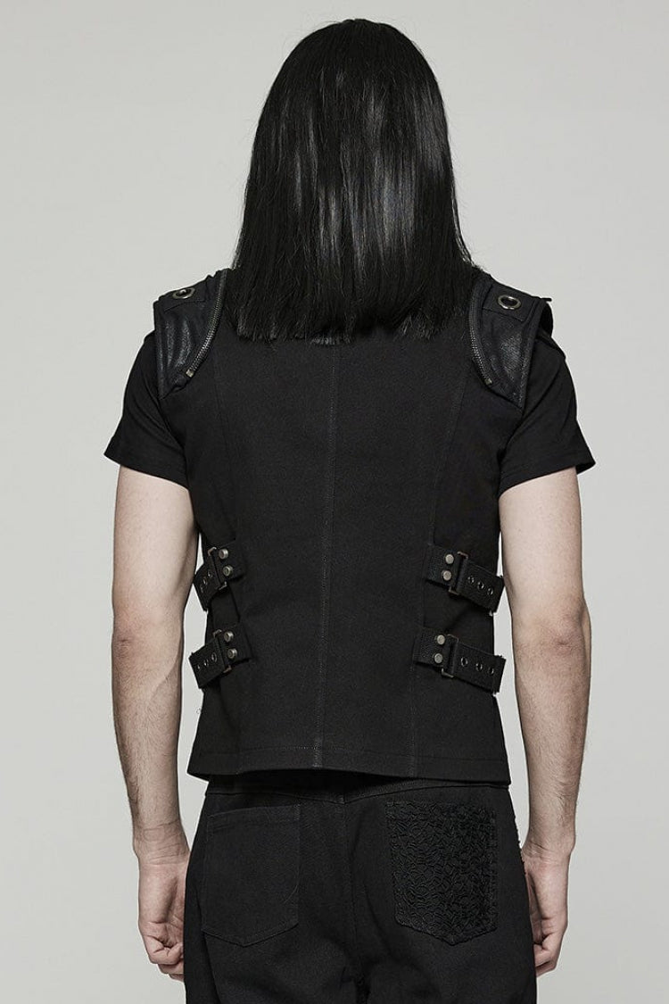 Black Stand Collar Side Waist Webbing Decorative Stitching Mens Steampunk Vest