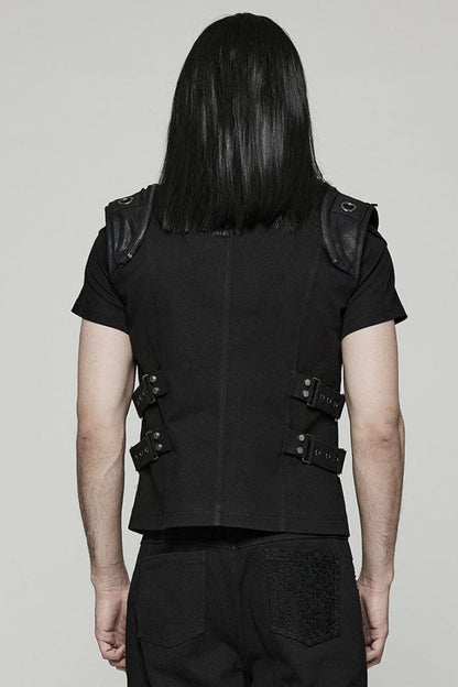 Black Stand Collar Side Waist Webbing Decorative Stitching Mens Steampunk Vest