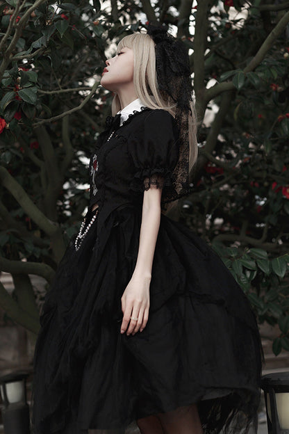 Black Rose Embroidered Cutout Top Irregular Short Sleeves Gothic Lolita Dress Set