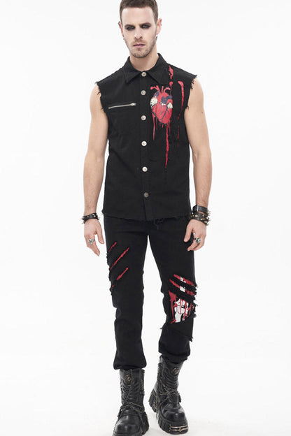 Black Punk Twill Ripped Leg-Bone Bleed Print Men's Pants