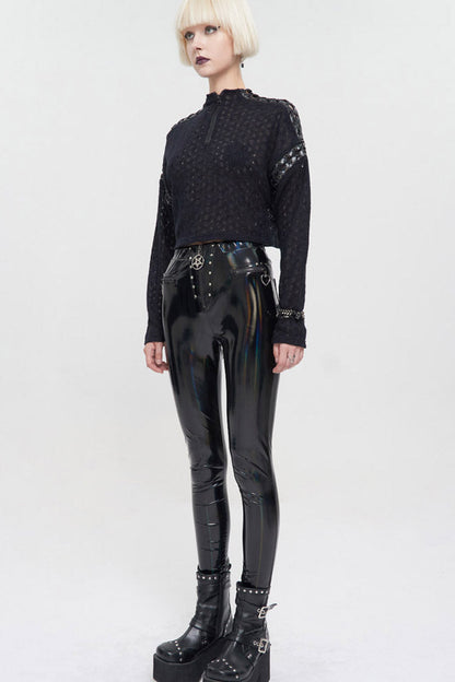 Black Wool Dropped Shoulders Perforated Sleeves Strap Connection Neck Zipper Loose Long Sleeve Women's Punk Sweater