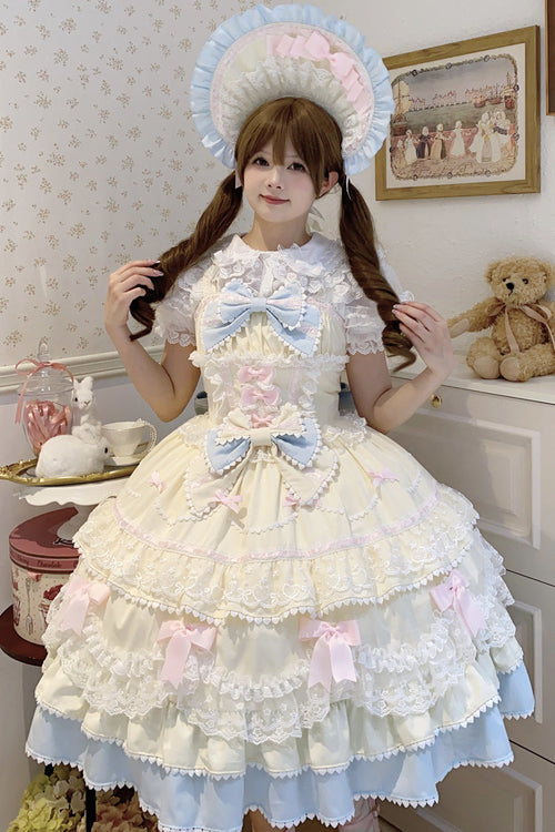 Yellow/Blue [Fondant Cake] Sleeveless Multi-Layered Ruffle Bowknot Lace Sweet Lolita Jsk Dress