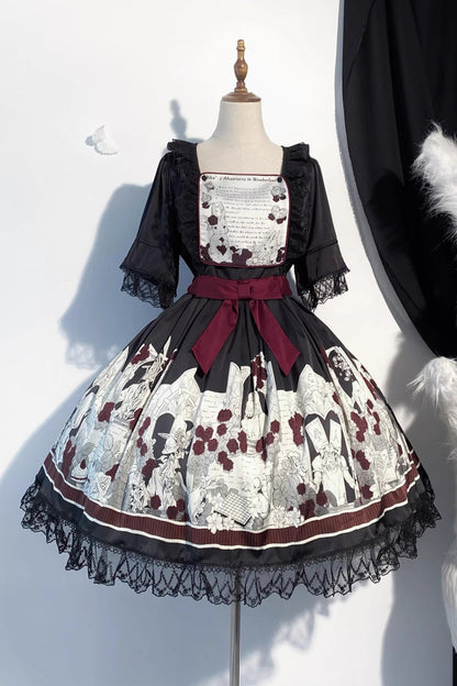 Black [Alice of the Asylum] Print Bowknot Lace Gothic Lolita Dress 2 Versions