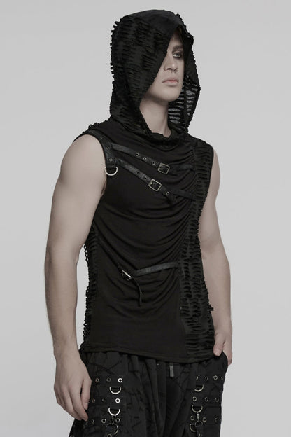 Black Sleeveless Hooded Ripped Ruched Men's Punk Vest