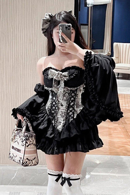 Black [Gentle Treasure] Print Ruffle Embroidery Bowknot Gothic Princess Lolita Strapless Dress