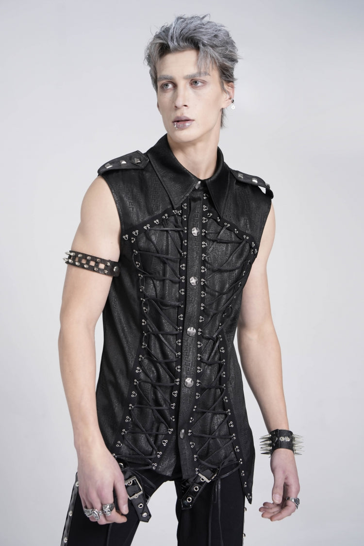 Black Sleeveless Studded Lace-Up Men's Gothic Blouse