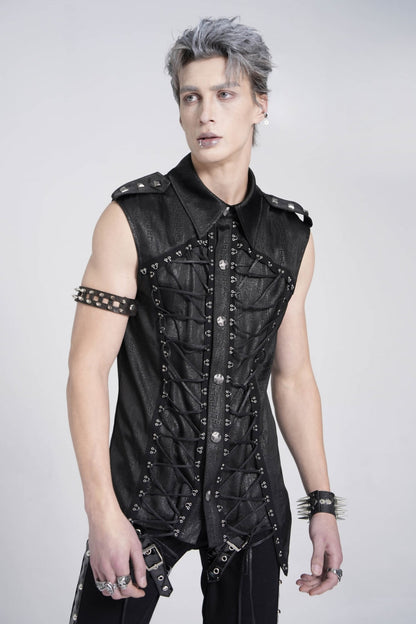Black Sleeveless Studded Lace-Up Men's Gothic Blouse