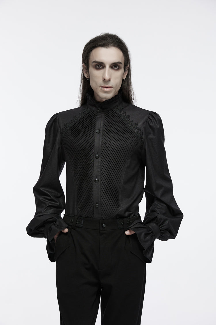 Black Stand Collar Long Puff Sleeves Crochet Men's Gothic Blouse