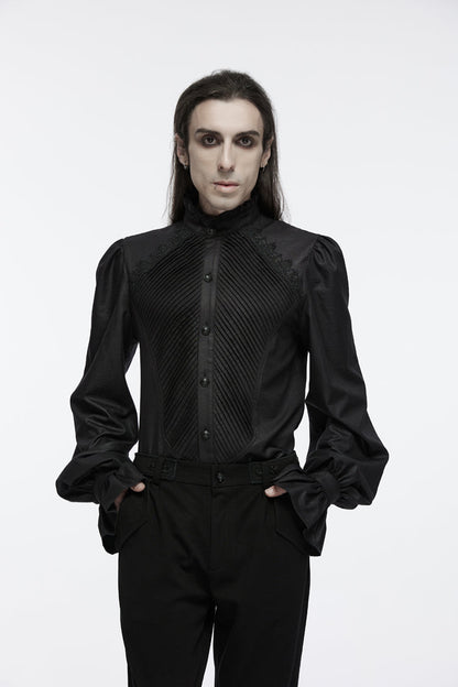 Black Stand Collar Long Puff Sleeves Crochet Men's Gothic Blouse