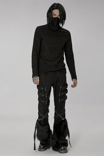 Black Punk Super High Collar Masked Hanging Ear Splicing Mesh Long Sleeves Men's T-Shirt