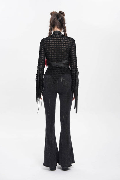 Black Stand Collar Long Sleeves Mesh Buckle Straps Women's Punk Blouse