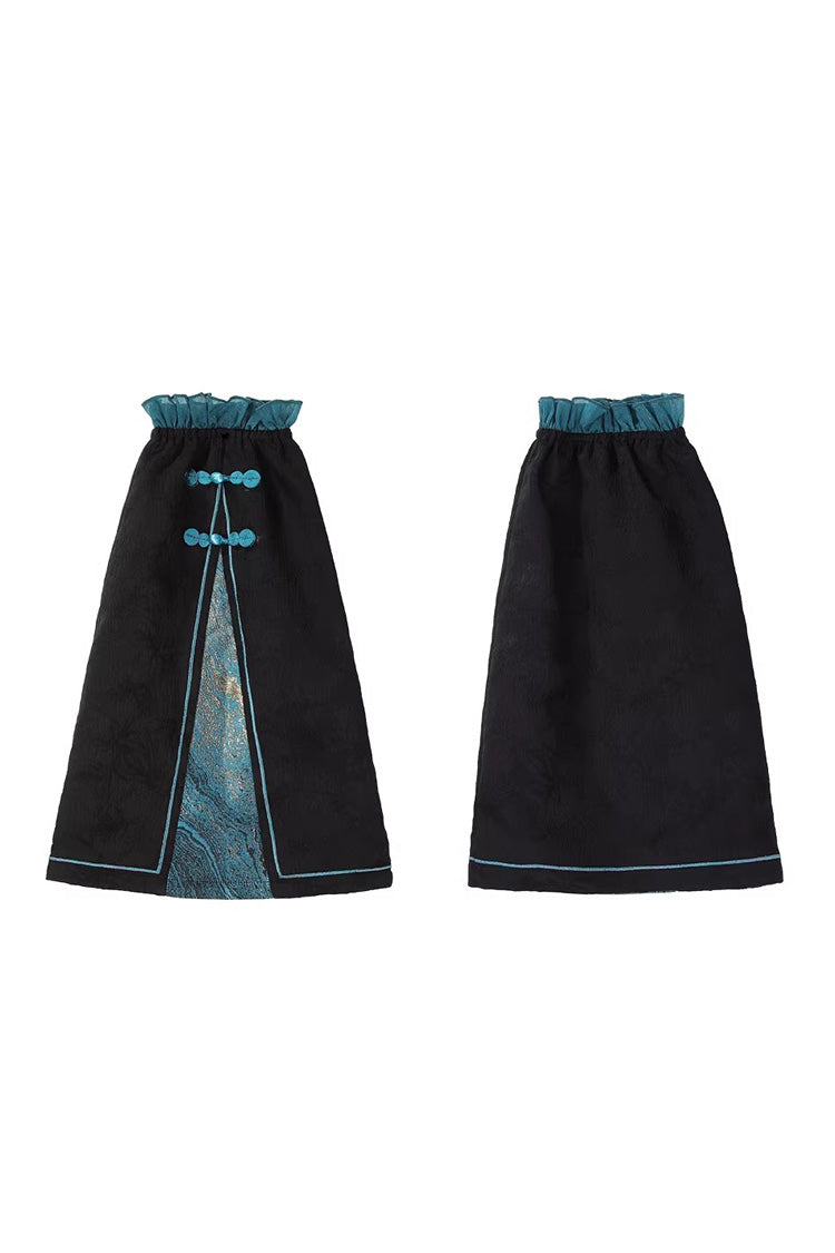 Black/Blue [Misty Teal] Long Sleeves Ruffled Cut-Out Embroidered Asymmetric Chinese Style Classic Lolita Jsk Dress Set