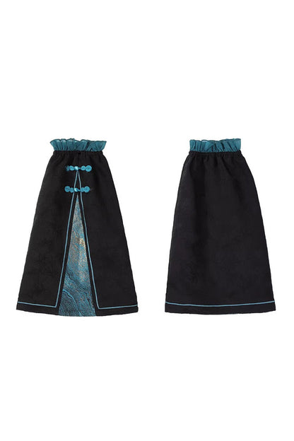 Black/Blue [Misty Teal] Long Sleeves Ruffled Cut-Out Embroidered Asymmetric Chinese Style Classic Lolita Jsk Dress Set