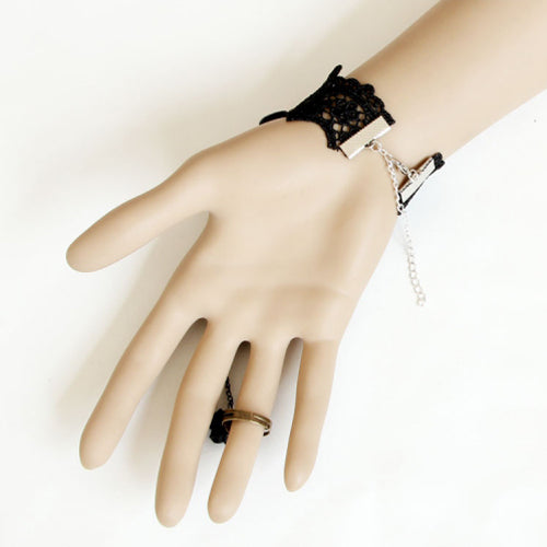 Black Retro Victorian Fashion Lace Pink Rose Cute Female Lolita Ring Bracelet