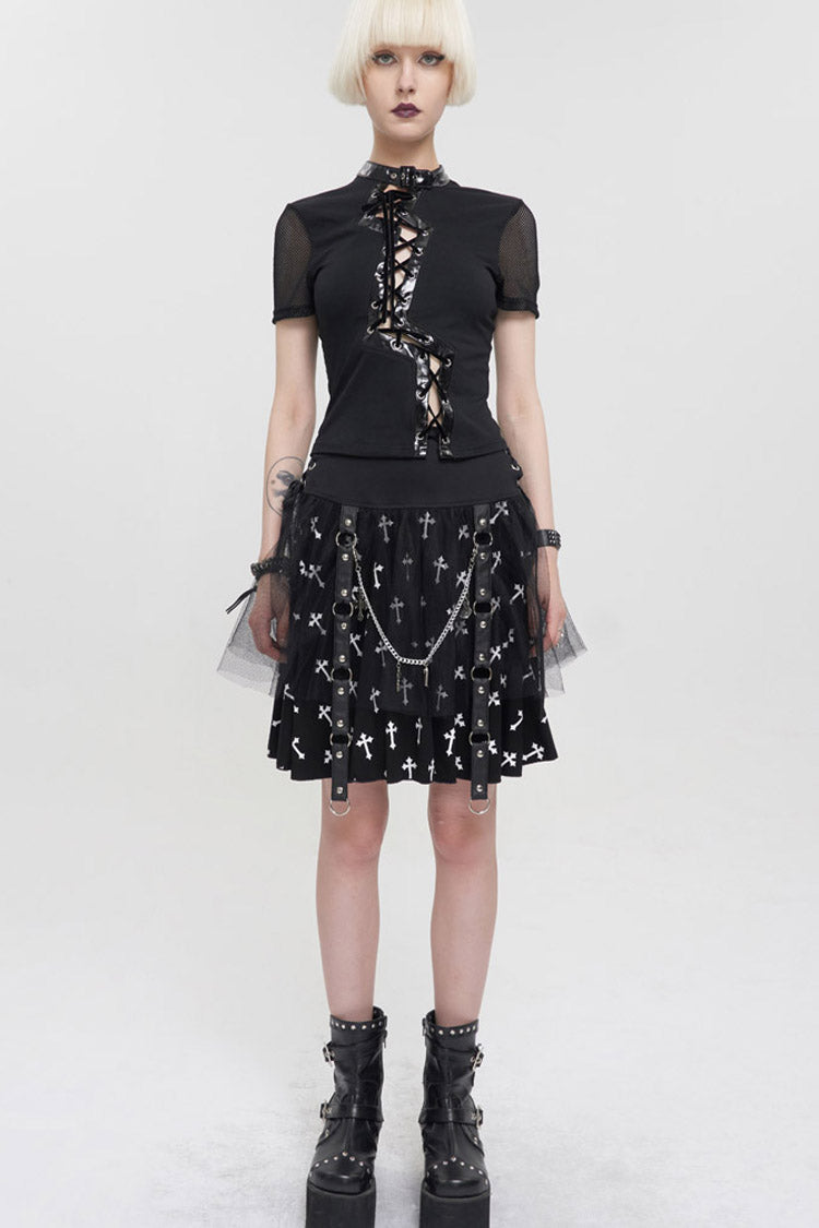 Black Punk Short Sleeve Irregular Drawstring Bright Leather Neckline Mesh Cuffs Women's T-Shirt