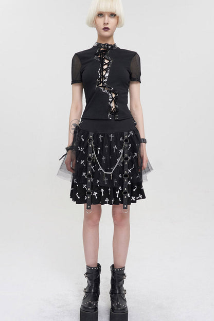 Black Punk Short Sleeve Irregular Drawstring Bright Leather Neckline Mesh Cuffs Women's T-Shirt