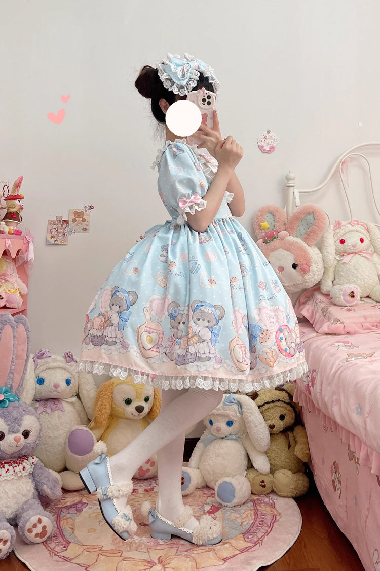 Blue Short Sleeves Baked Bear Print Ruffle Sweet Lolita Dress