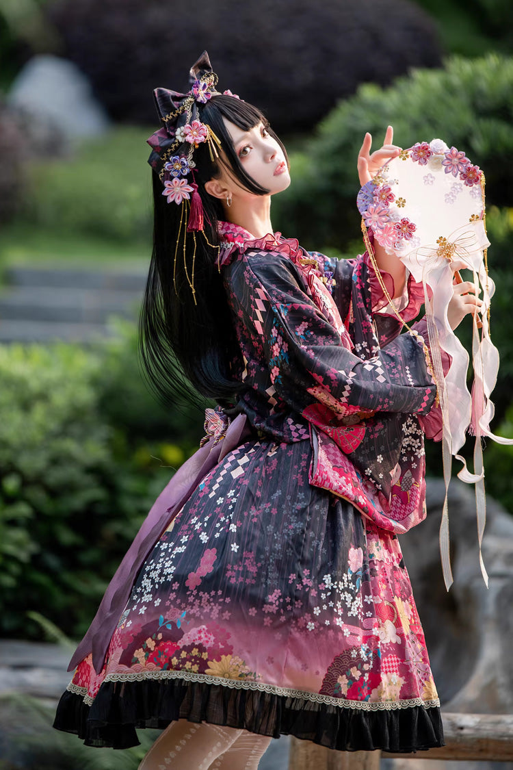 Black/Red [Cherry Blossom Cat Islet] Sleeveless Printed Ruffled Bow Sweet Lolita Jsk Dress Set