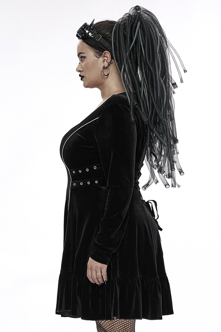 Black Stretch-Velvet Chain Print Decoration Webbing Long Sleeve Straps Women's Plus Size Gothic Dress