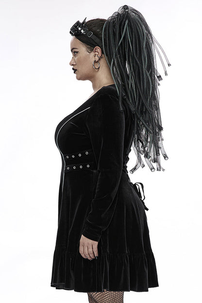 Black Stretch-Velvet Chain Print Decoration Webbing Long Sleeve Straps Women's Plus Size Gothic Dress