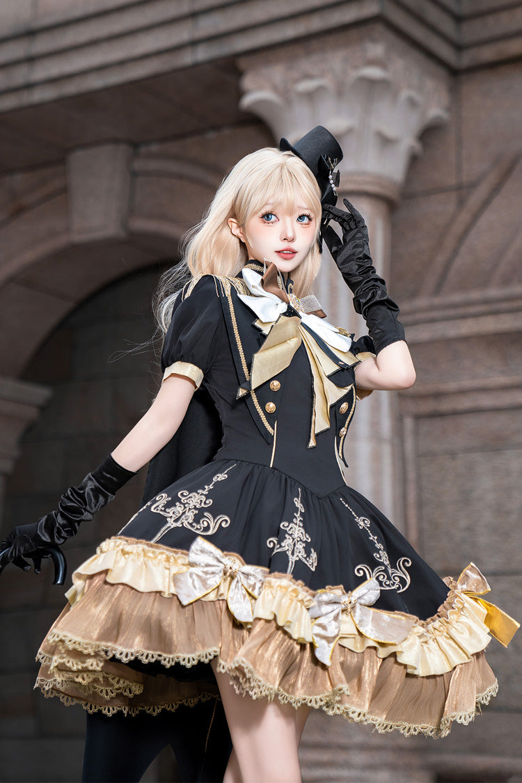 Black [Gilded Oath] Short Sleeves Double-Layered Ruffle Embroidery Bowknot Gothic Lolita Dress