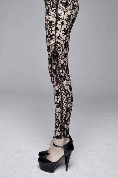 Brown Flocking Printing Mesh Side Lace Up Leggings Womens Pants
